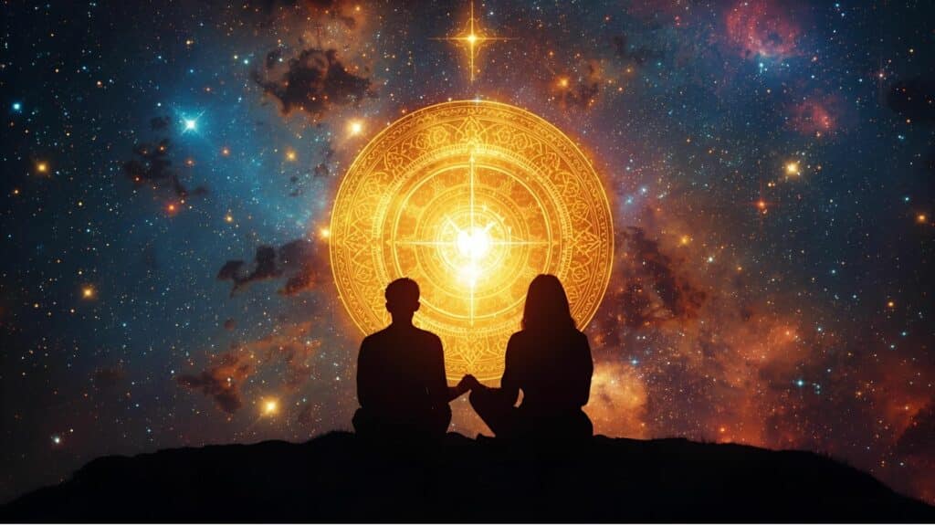 Imagem de um casal sentado olhando para um portal de cor amarela. A foto traz "o conceito de espiritualidade performática” dentro dos relacionamentos, onde, muitas pessoas transformam o discurso espiritual em uma linguagem de romance idealizado.