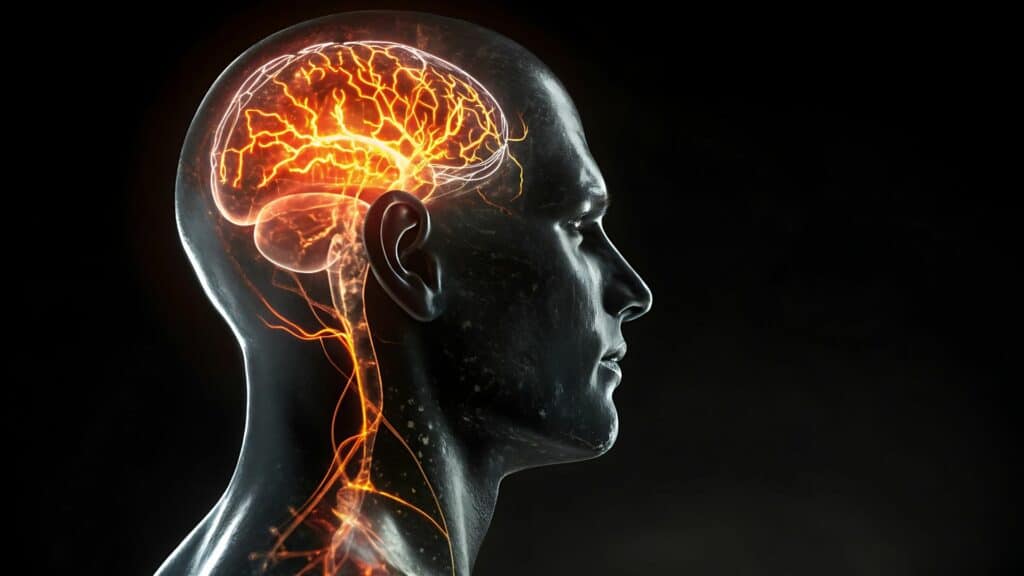 Imagem da vista lateral de uma cabeça humana, destacando o cérebro e o sistema nervoso.
