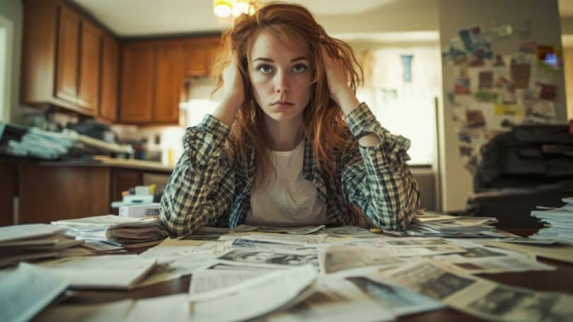 Imagem de uma mulher ruiva, sentada e com vários papéis sobre a sua mesa. A foto simboliza uma pessoa com Transtorno da Sobrecarga Sensorial.