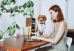 Imagem de uma mulher trabalhando no conforto de sua casa. Ela está sentada, em frente à sua mesa de trabalho, usando o notebook. Ao lado, seu cachorro de estimação.