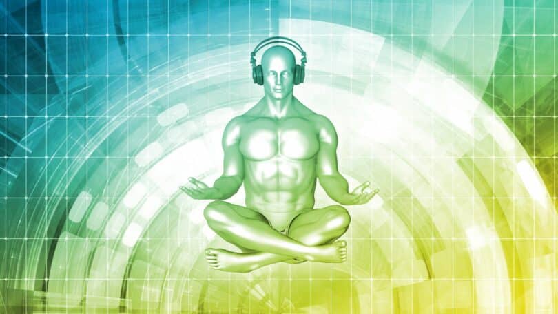 Imagem em 3D de um homem sentado em posição de meditação e com um fone de ouvido, simbolizando a freqüência da música que ouvimos e como ela muda a nossa realidade.