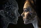 Imagem de fundo preto e em destaque duas caras: uma da Inteligência Humana e outra da Artificial, cara a cara, simbolizando o conceito: A IA não substitui você!