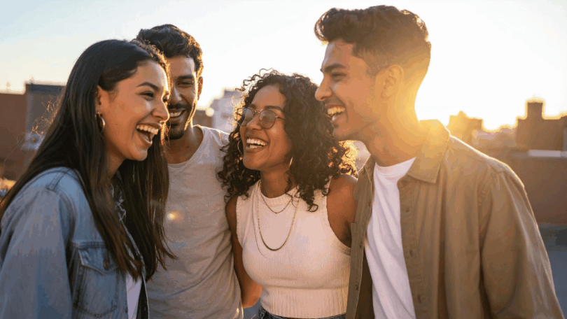 Um grupo de quatro pessoas, composto por duas mulheres e dois homens, estão sorrindo e olhando entre si. Eles estão em um ambiente ao ar livre.