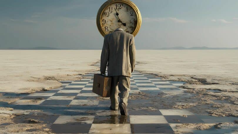 Imagem de um homem com um terno bege, segurando uma maleta marrom, caminhando em um piso quadriculado nas cores preto e branco em direção ao um relógio. A foto traz um simbolismo do valor do tempo.