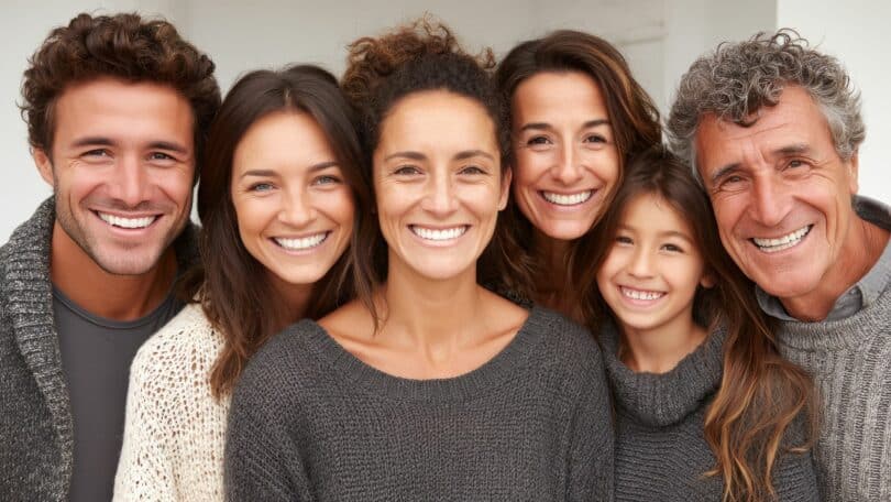 Imagem de várias pessoas, homens, mulheres e uma criança, unidos, sorrindo, trazendo o conceito de pertencimento, comunidade e união.