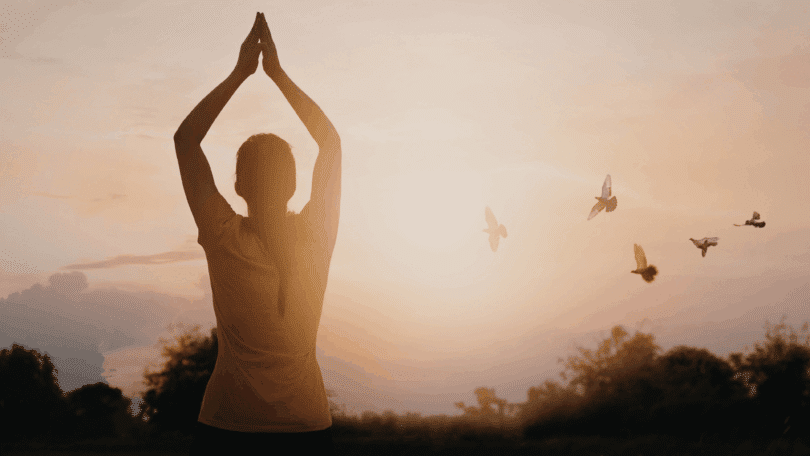 Mulher em silhueta com mãos unidas acima da cabeça ao pôr do sol, com pássaros voando ao fundo.