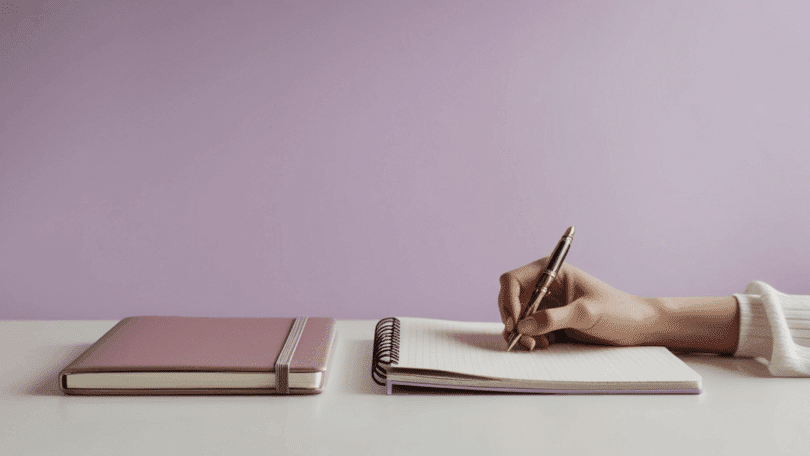 Mão escrevendo em um caderno espiral sobre a mesa, ao lado de um planner fechado.