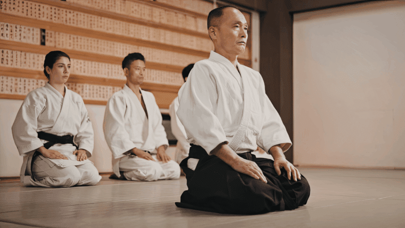 Grupo em trajes de artes marciais pratica meditação ajoelhado em um dojo.