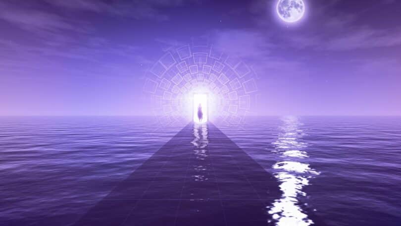 Imagem de fundo roxo, com um portal, simbolizando o conceito de despertar espiritual ou caminho da iluminação.
