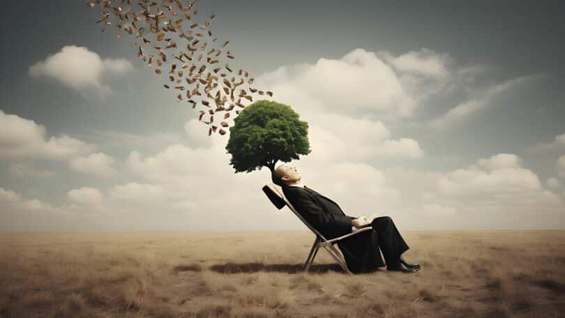 Imagem de um homem usando um terno preto, sentado em uma cadeira. Atrás um árvore e um céu com muitas nuvens simbolizando o conceito de vida. A sobrevivência da existência e a consciência.