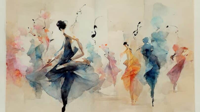 Imagem abstrata de vários dançarinos dançando ao ritmo da música e da harmonia das cores.