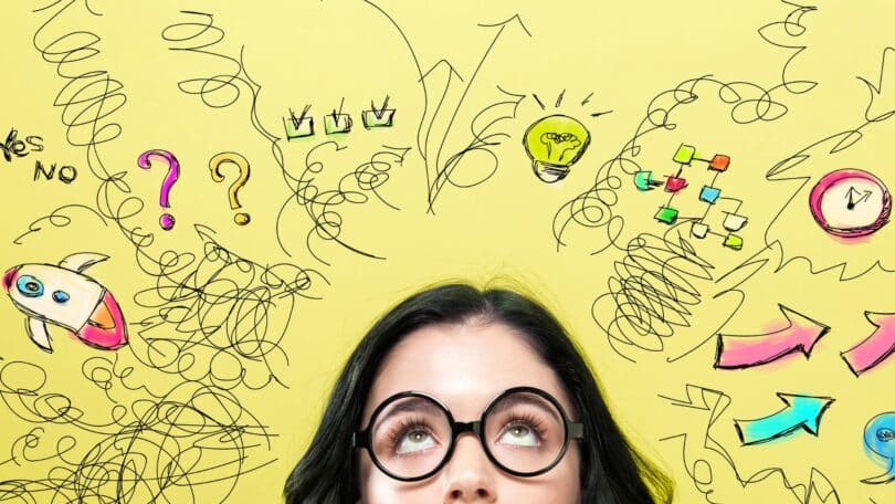 Imagem de fundo amarelo com vários ícones simbolizando os pensamentos de uma jovem que está em destaque na foto.