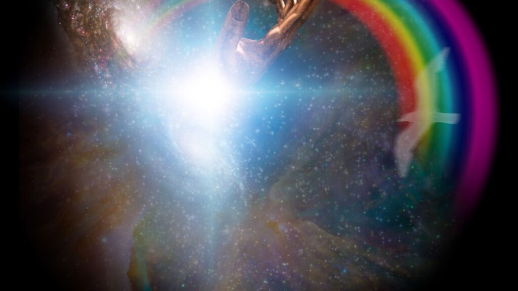 Imagem do universo com uma mão humana e uma pomba em destaque e um arco íris, simbolizando a relação entre ciência e espiritualidade.