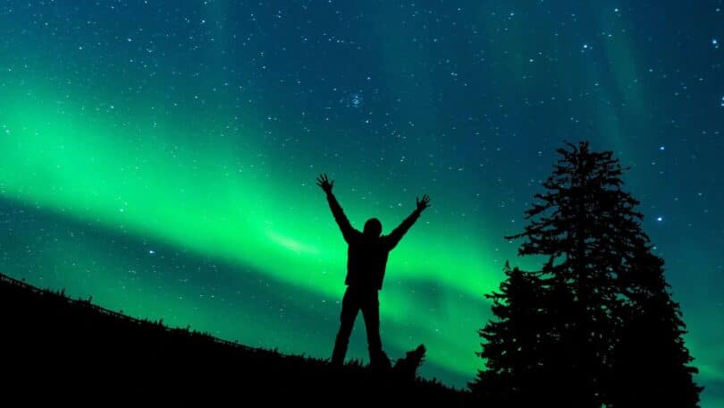 Imagem de uma silhueta humana envolta por luz atravessando um portal luminoso, com um céu estrelado e uma atmosfera espiritual, trazendo o conceito de reencarnação, renascimento da alma.