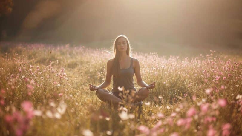 Imagem de uma mulher meditando, sentanda emum campo florido com natureza e uma luz espiritual ao fundo.