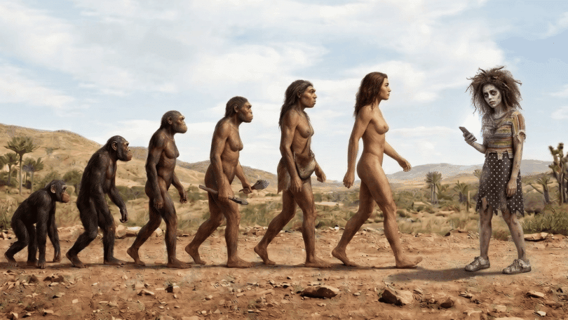 Ilustração mostra a evolução humana até uma mulher moderna parecida com um zumbi usando celular.