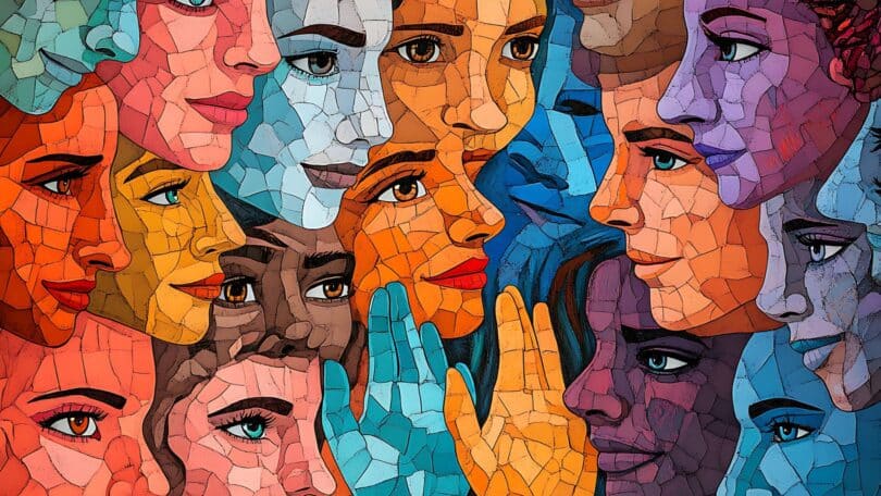 Imagem ilustrativa de vários rostos de pessoas diferentes em estilo de mosaico colorido.